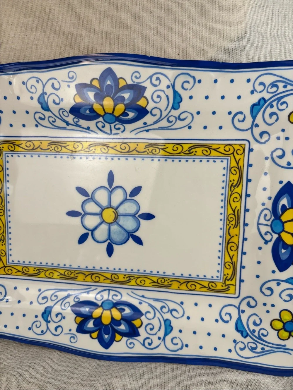 Le Cadeaux Melamine Serving Platter 16” Blue Yellow Floral Rectangular Tray